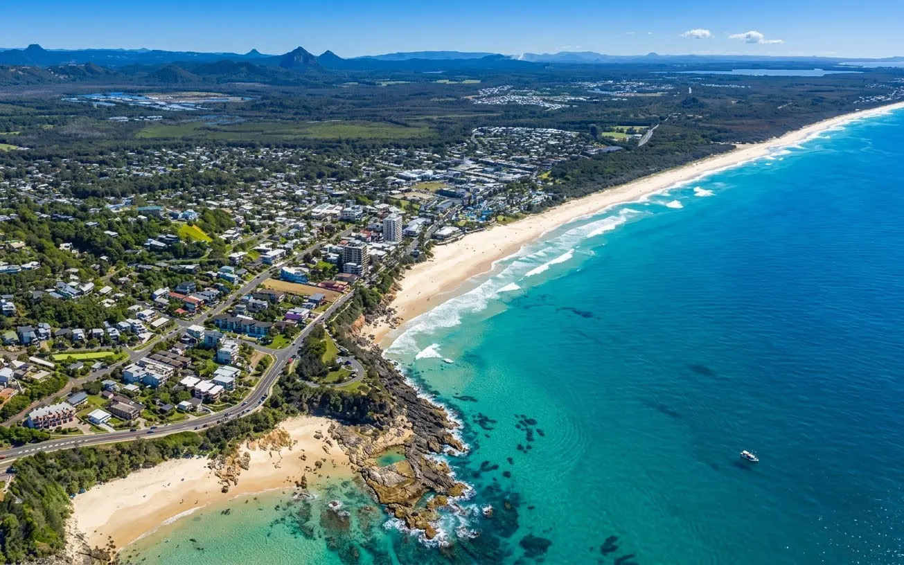 Aerial view of Coolum Beach on the Sunshine Coast